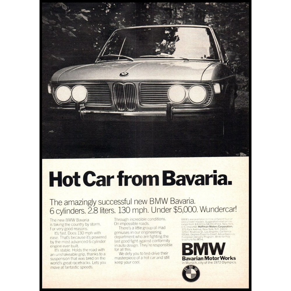 1971 BMW Bavaria Classic Car Vintage Print Ad Front Grill Headlights Wall Art